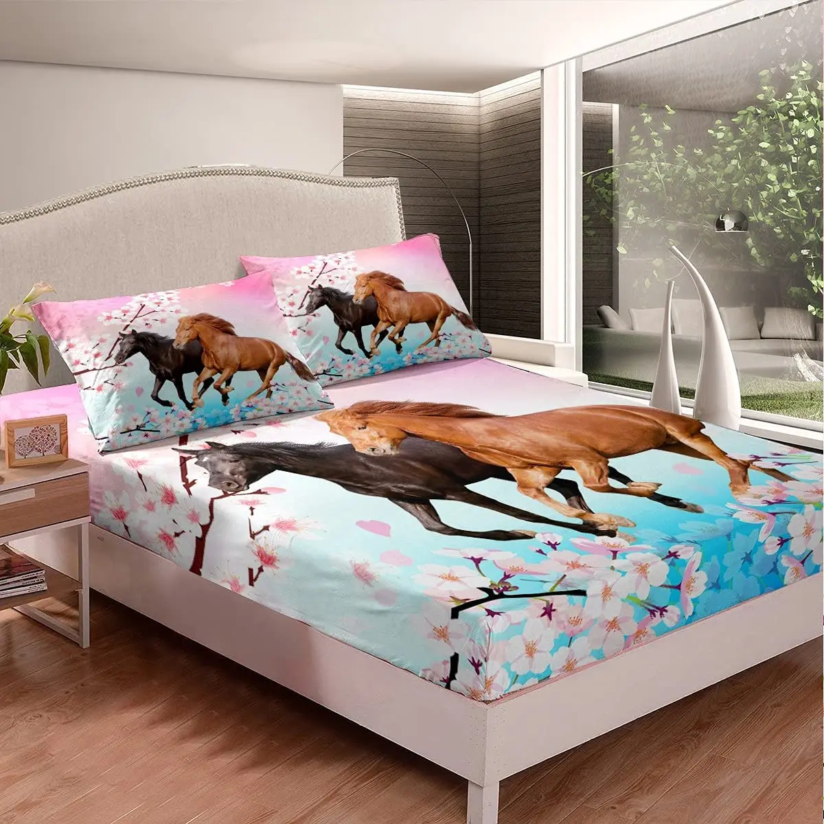 Horse Bedding Set Chic Cherry Blossom Bed Sheet Set Galloping Horse Printed Fitted Sheet 3D Wild Animal Bed Cover Bedroom Decor