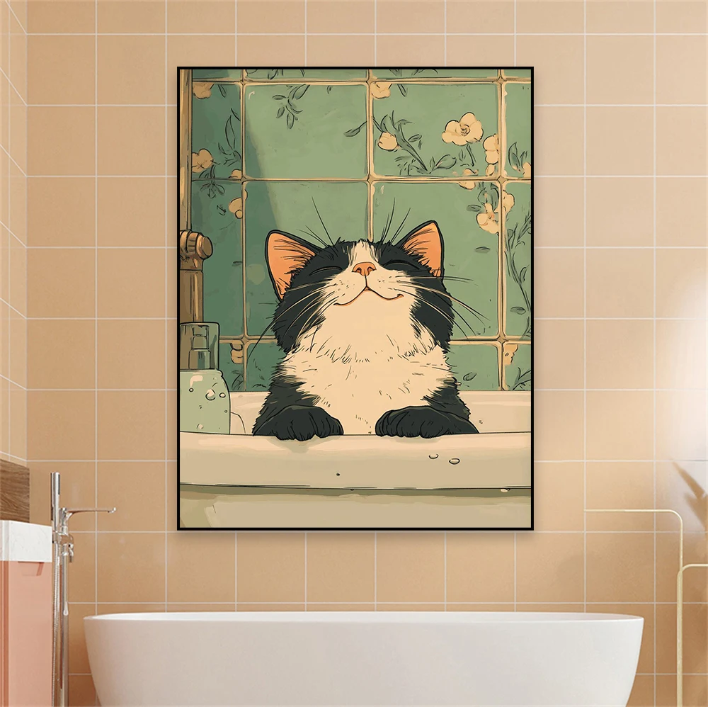 Schwarze Katze in einer Badewanne Poster Japanische Badezimmer-Wandkunstdrucke Entspannungs-Poster Japan Katze Ästhetischer Minimalismus Leinwandgemälde