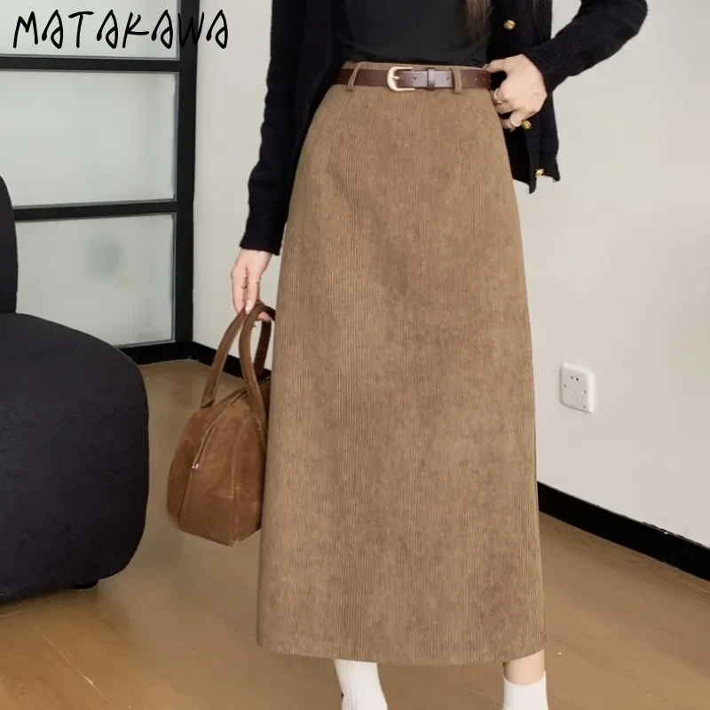 

Matakawa Corduroy Long Skirts Autumn Winter Solid A-line Vintage Faldas Mujer Korean Fashion High Waist Simple Women Skirt