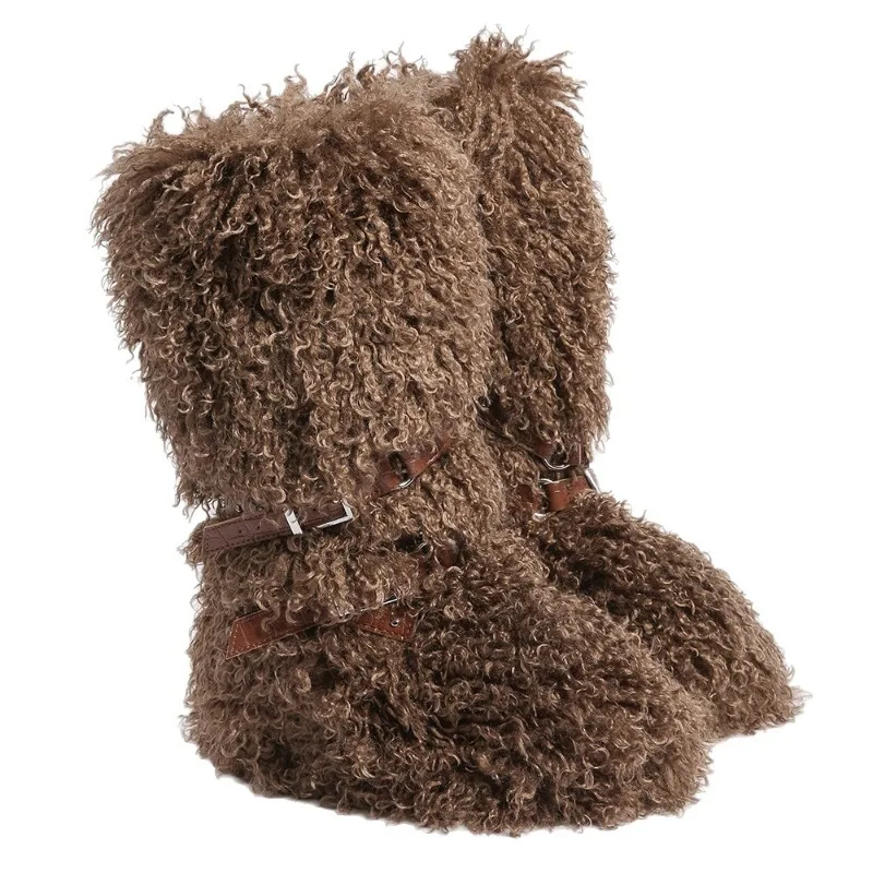 2025 New Designer Luxury Women Fluffy Real Fur High Tube Snow Boots Long Fur Mongolian Wool Boots Knee High Snow Boot view 5