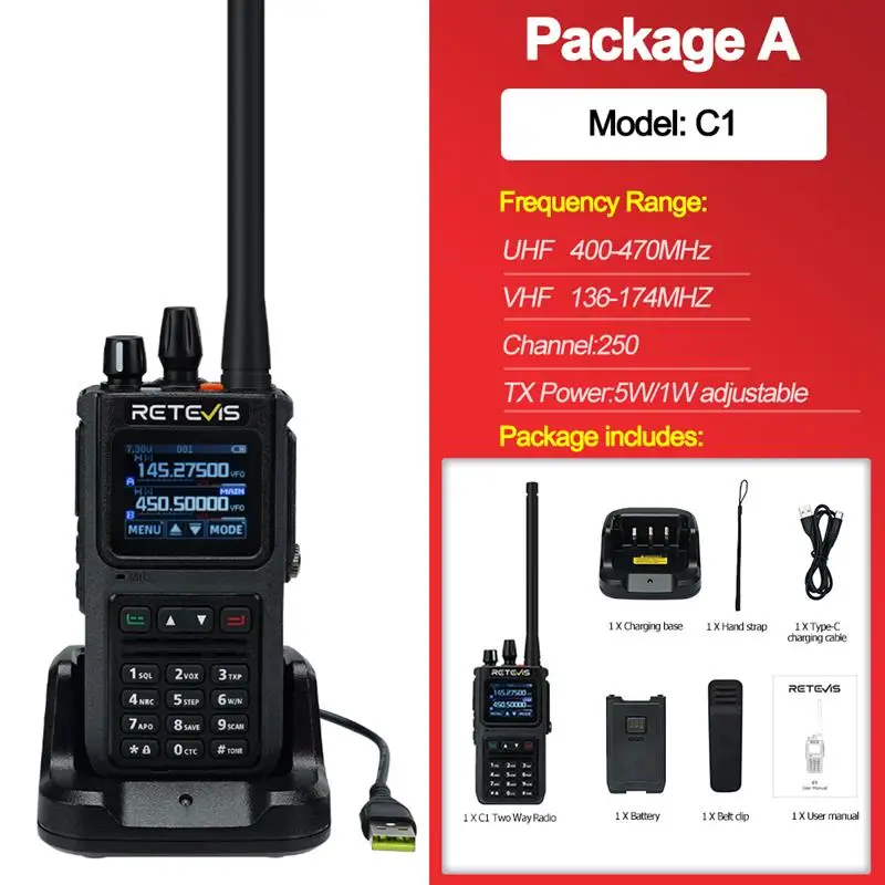 Top C1 Walkie Talkie 5W Long Range Communication Handy Ham Two-way Radio Camping Walkie-Talkie UHF VHF Amateur Station