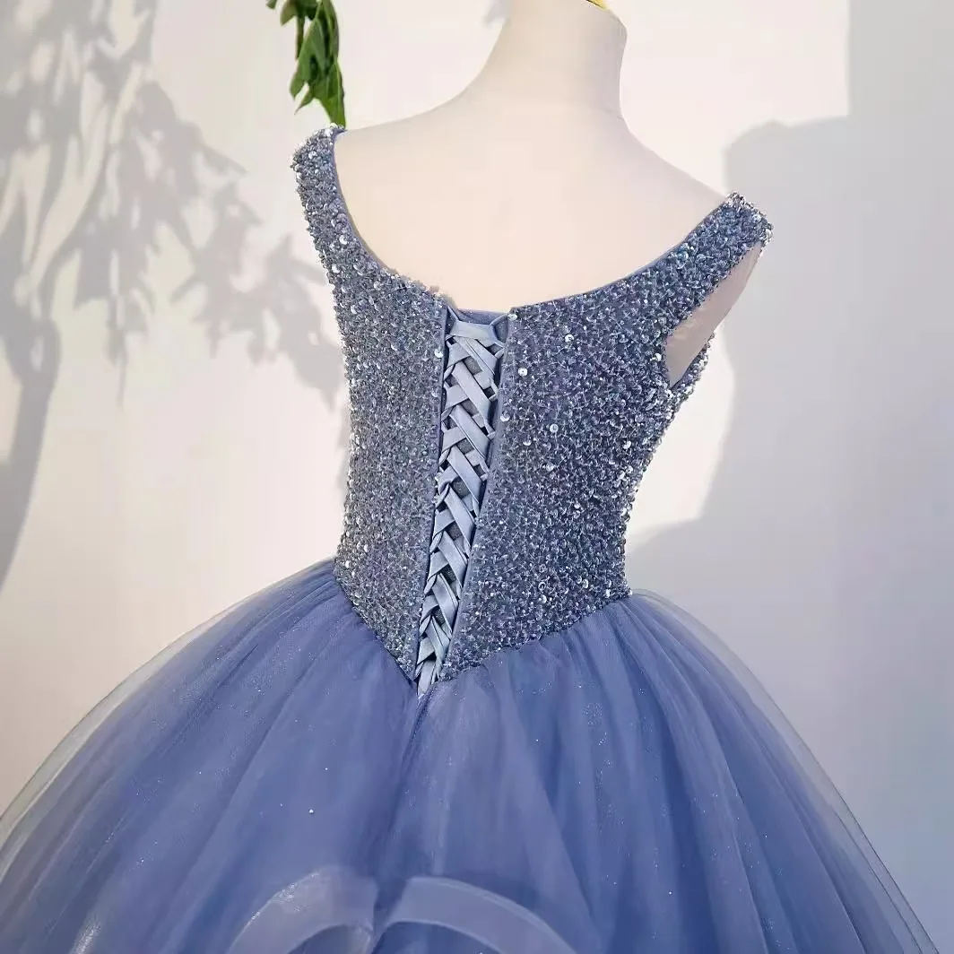 Robes de Quinceanera mexicaines bleues poussiéreuses de luxe, robe de Rhcorset perlé à paillettes, robe de Rhde fête d'anniversaire, 15 ans