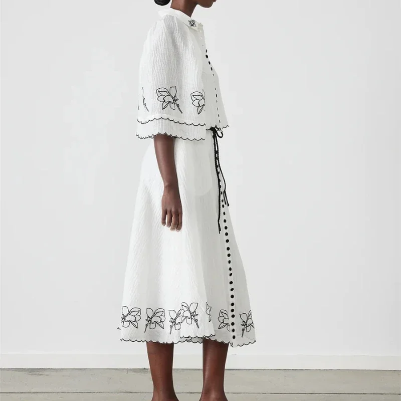 White Intricate Embroidery Scallop Edging 3/4 Sleeve Blouse Tops and Waistband Full Circle Midi Skirt Set for Women