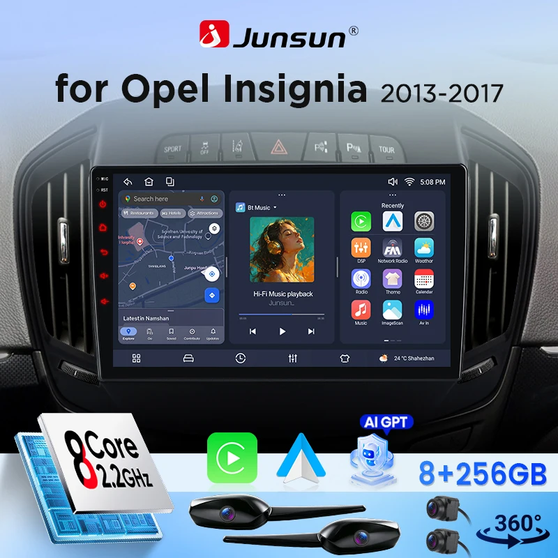 Autoradio Android Junsun 9 pouces pour Opel Insignia 2013 2014 2015 2016 2017 avec Canbus, CarPlay sans fil et Android Auto, écran tactile IPS HD, GPS, multimédia 360 °   Lecteur multimédia avec caméra, DSP, RDS, WiFi, écran partagé, Mirror Link, Bluetooth mains libres