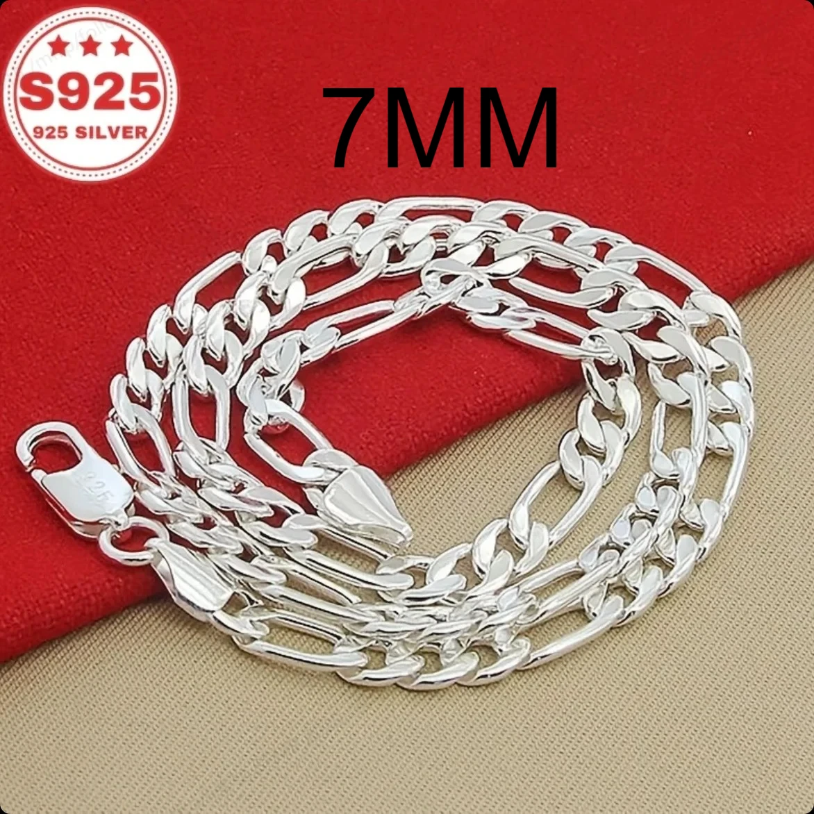 925 Sterling Silver 7mm Figaro Cuban Link Chain Necklace for Women Lady Men Gift Perfect Wedding Party