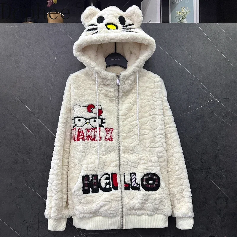 Age Reduction Plush Coat Women New Autumn Winter Thicken Velvet Zip Hooded Cardigans Coat Cute Cartoon Embroidery Fluffy Jackets