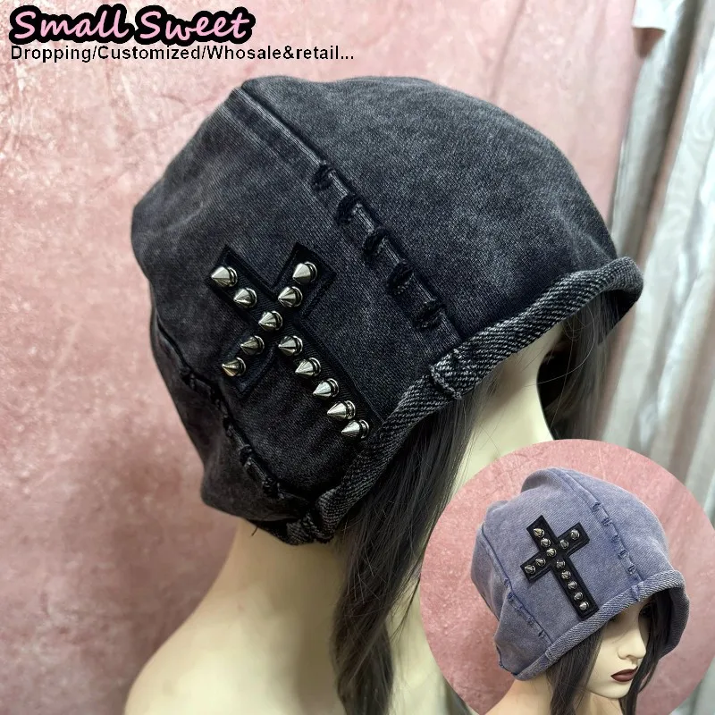 Women Winter Keep Warm Rock Gothic Grunge Cowboy Beanie Hat Spike Cross Rivet Harajuku Punk Hat Chic Streetwear Hat Skullies