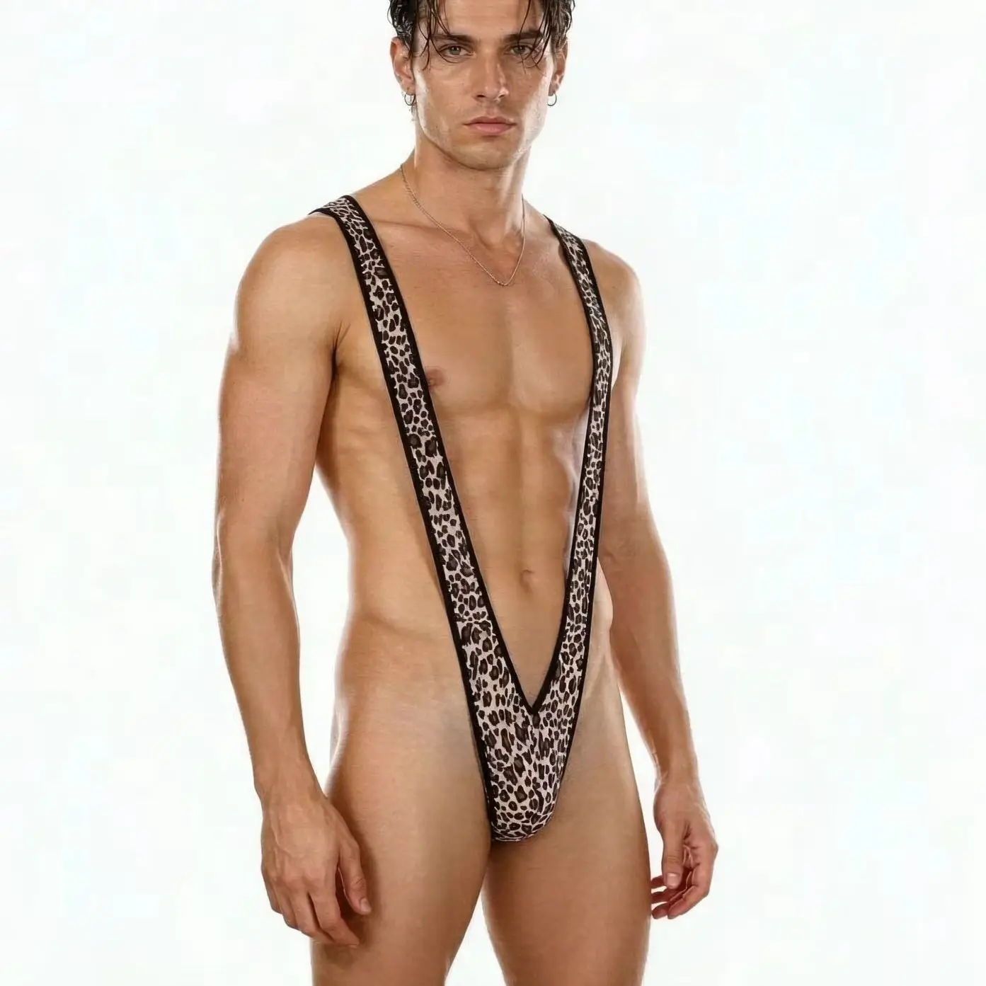 Mens Thong Mankini One-Piece V Sling Stretch Singlet Bodysuit Deep V-shaped Jumpsuit Leopard-Print Exotic Lingerie