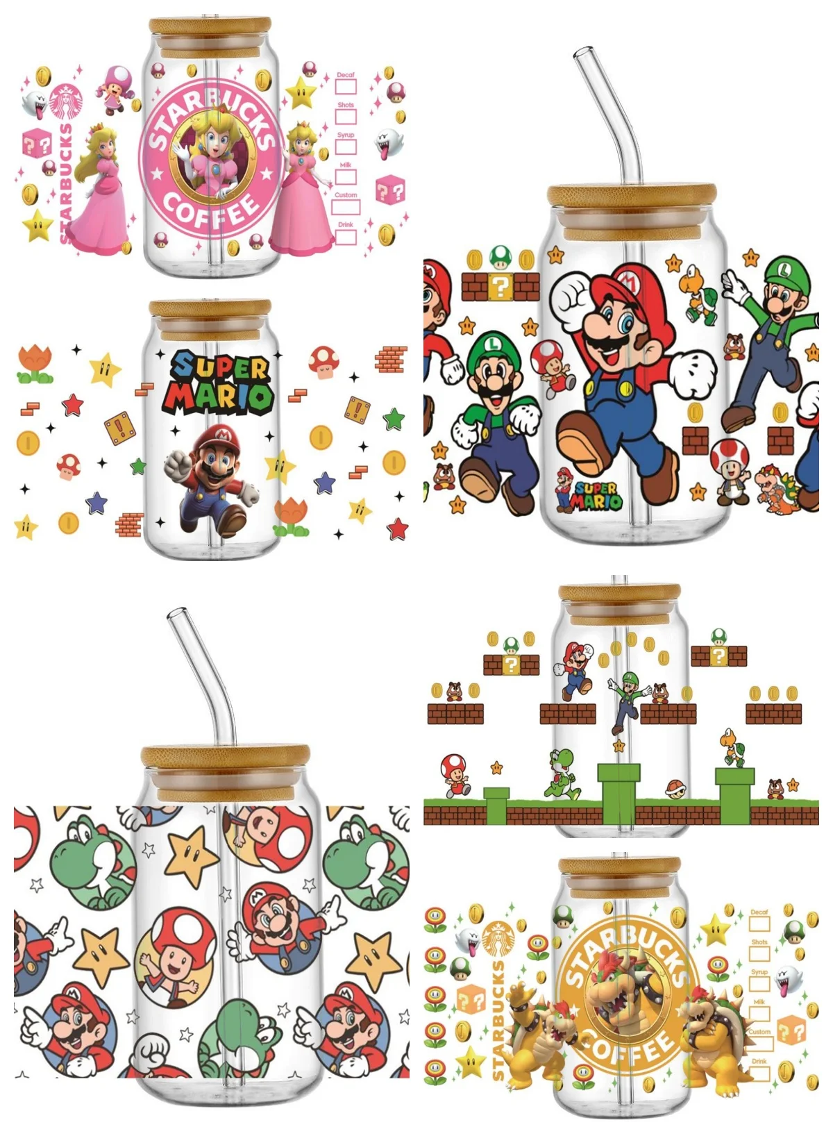 Mario UV DTF cangkir bungkus stiker tahan air lucu Mario stiker untuk 16 OZ cangkir kaca bungkus stiker