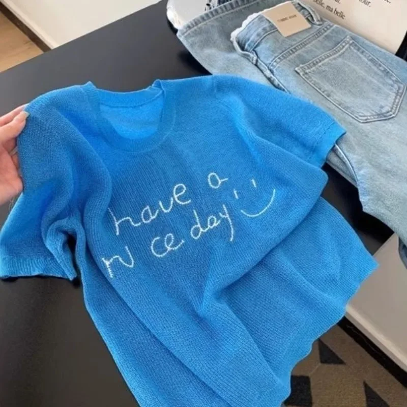 

Oversize Ice Silk Knitted Short Sleeved T-shirt 2025 New Loose Top for Women Vintage Letter Print O-neck Tee Shirt Sweaters