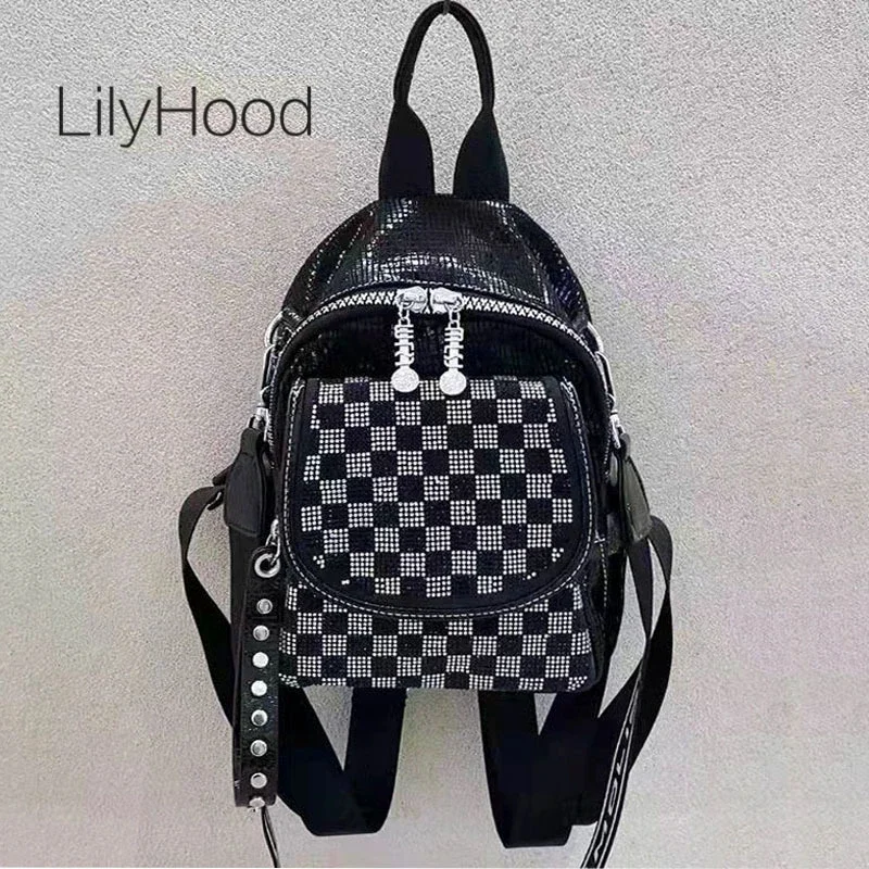 High Quality Female Fashion Checkerboard Rhinestone Small Cute Backpack Lady Vintage Designer Travel Daily Everyday Knapsack Bag