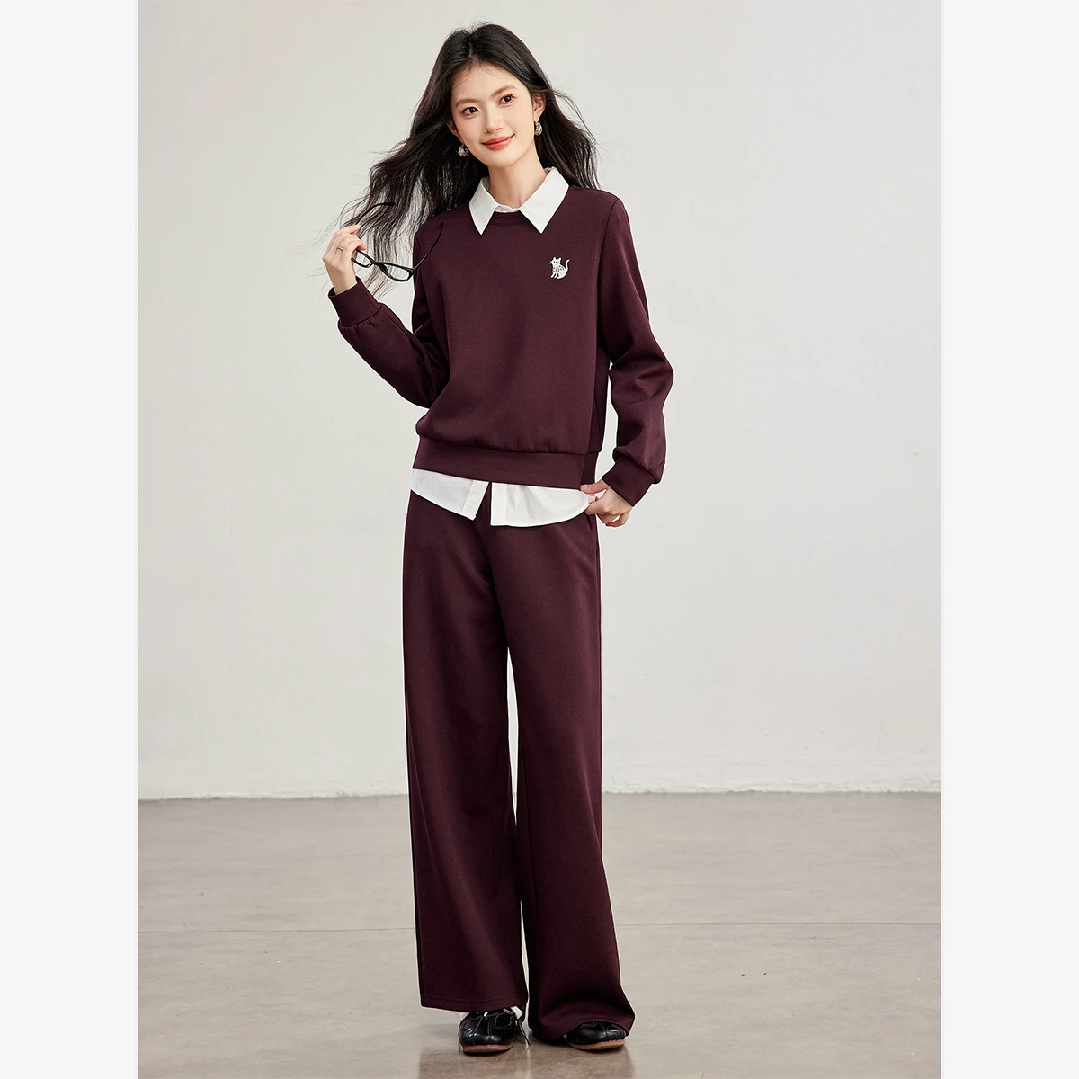 VIMLY Red Casual Sports Sweatshirt Two-piece Set for Women 2026 Autumn New Loose-fit Pullover Wide-leg Baggy Pants Outfit A7221