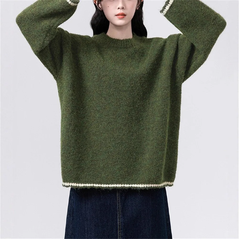 

Retro Green Sweaters Women Preppy Style Loose O Neck Long Sleeve Knitted Commute Vintage Sweet Female Simple Pullovers Knitwear