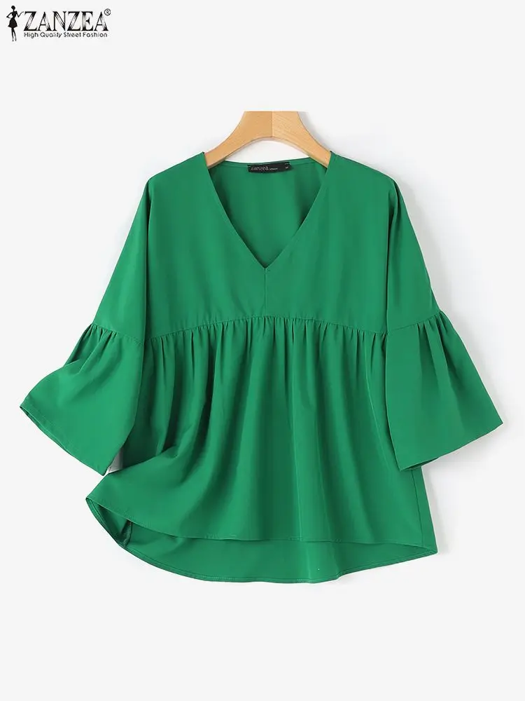 ZANZEA Casual Loose Blusa Women Solid Color Blouse Fashion Pleating V-neck Shirt 2024 Summer Flare 3/4 Sleeve Tops Tunic Holiday