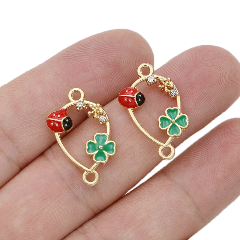 

10 шт. позолоченных эмалированных подвесок-коннекторов в форме клевера, божьей коровки и капли для изготовления браслетов, аксессуаров для рукоделия, 24x16 мм