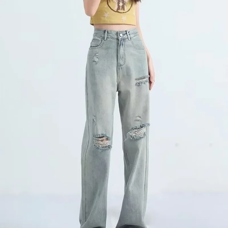 Pop Pop Retro High Waist Wide Leg Denim Jeans Women's Summer New Loose Fit Large Size Small Figure Long Pants Straight Cut Hole