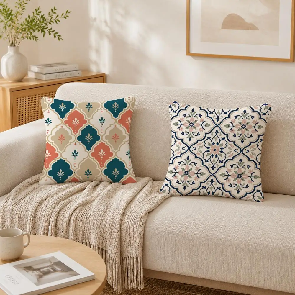 Colorful Boho Moroccan Tile Pillow Case Double-Sided Plush Sofa Cushion Covers Organic Breathable Invisible Zipper