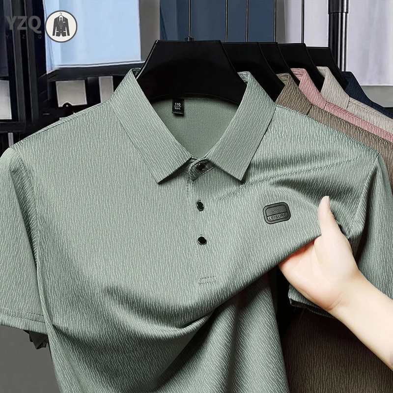 Minimal Badge Decor Textured Polo For Gentlemen Wrinkle Fabric Office Visit Friend Indoor Leisure Rest Garment