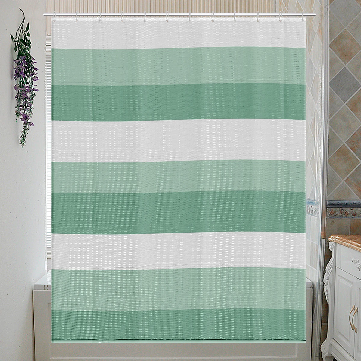 Shower Curtain Waterproof Polyester Bathroom Curtain 71x71 Inch Quick-Drying Shower Curtain with 12 Metal Hanging Rings Waffle