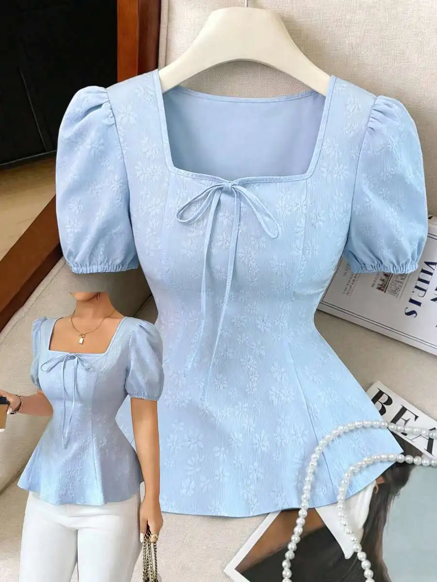 

Light Blue Floral Jacquard Blouse with Square Neck and Puffed Sleeves
