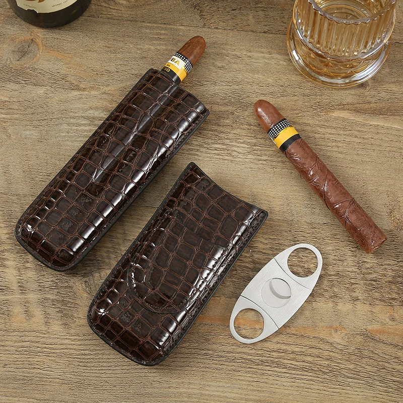 Leather Humidor Premium Crocodile Embossed Cigar Holder Portable Perfect 2 Slots Cigar Tube Case for Travel Gifting