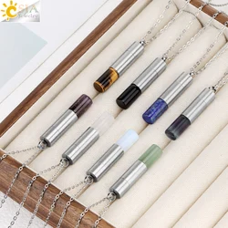 Mini Natural Stone Crystal Perfume Bottle Necklace for Men Amethyst Rock Essential Oil Diffuser Stainless Steel Necklaces H548