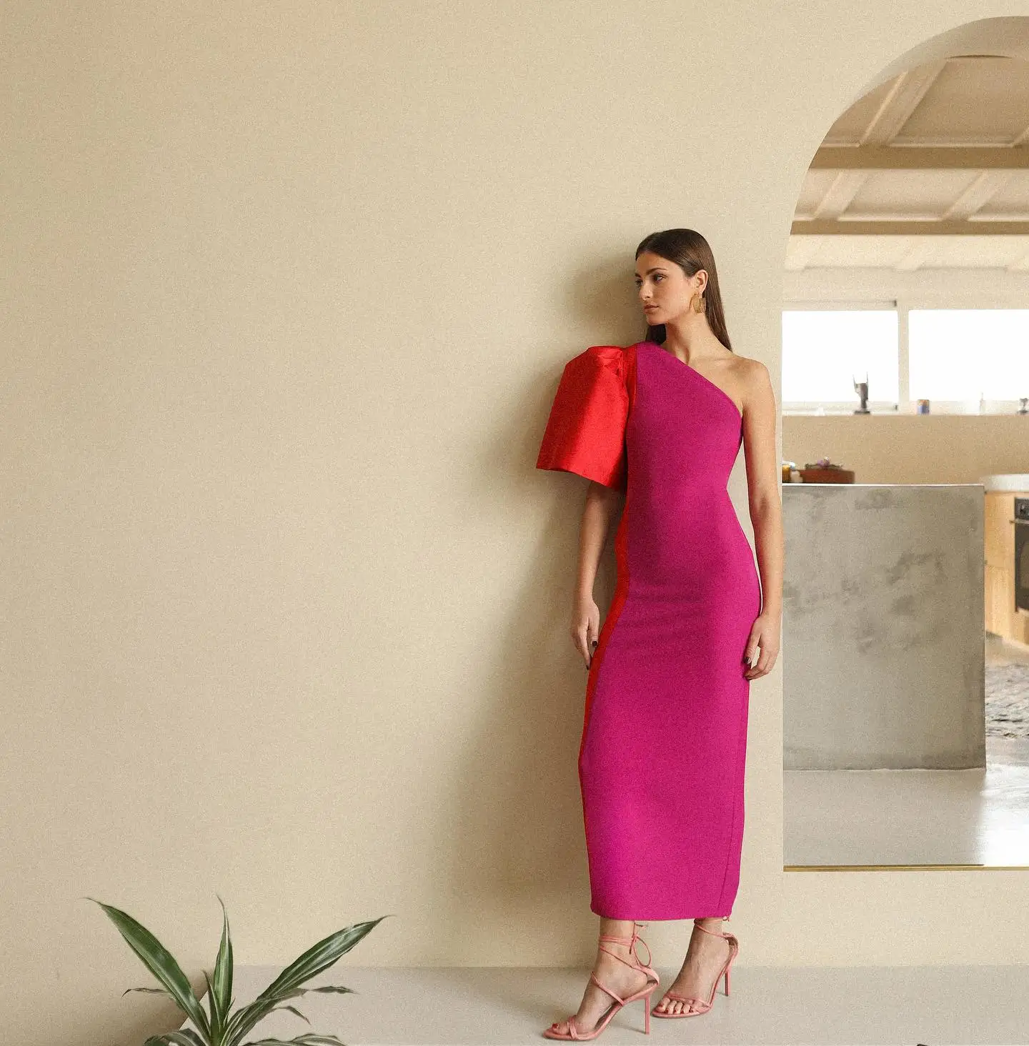

Customized Graceful One Shoulder Evening Dress Sexy Sheath Tea Length Celebrity Gowns Classic Contrast Color Party Dr