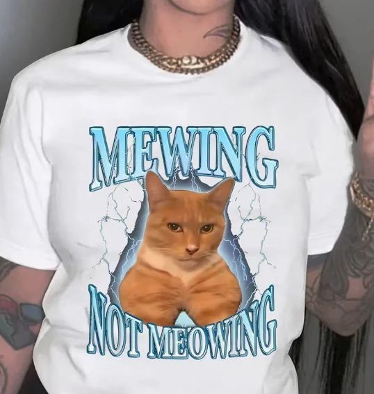 Cat Pattern Printed Women's Fashionable and Trendy Round Neck Short Sleeved Simple Casual Sports T-shirts