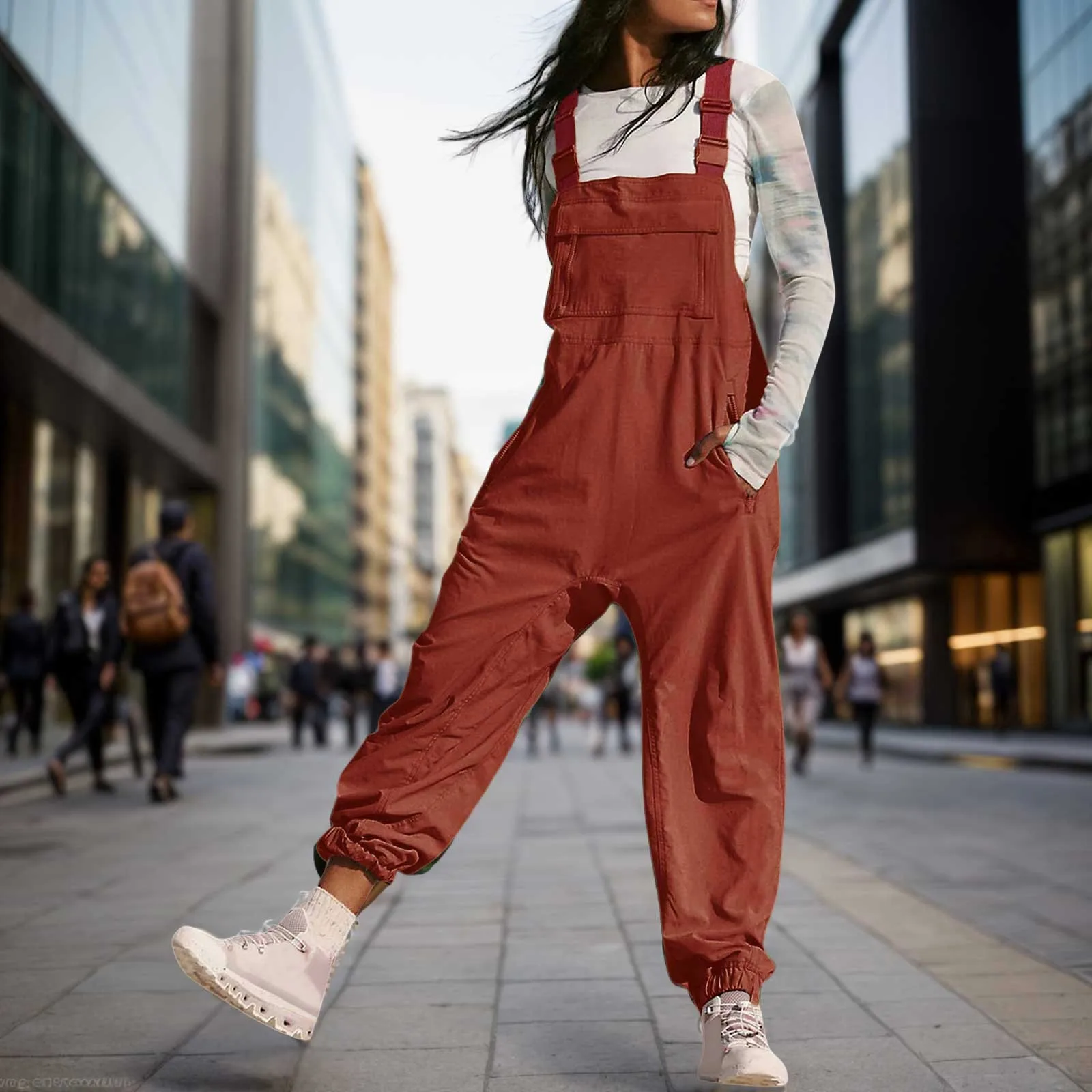 

Women Solid Color Casual Work Overalls With Pocket Wide Leg Trousers One-piece Suspender Straps Jumpsuit Retro Street Dungarees