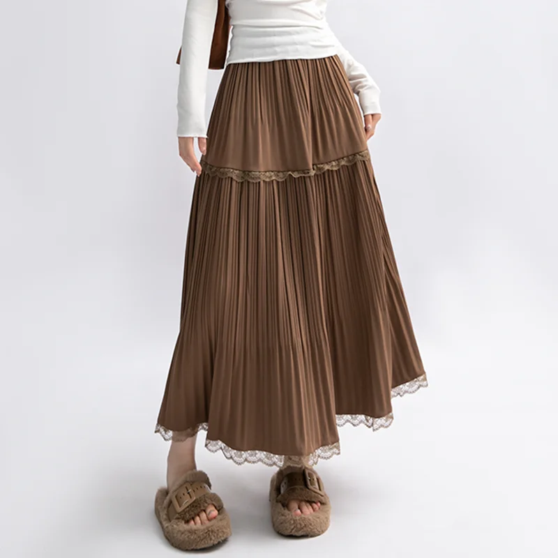 

Плиссированная юбка с высокой талией, женская кружевная лоскутная юбка-тортик с сосновым узором, эффект похудения, осенняя одежда для поездок на работу, полиэстер F...