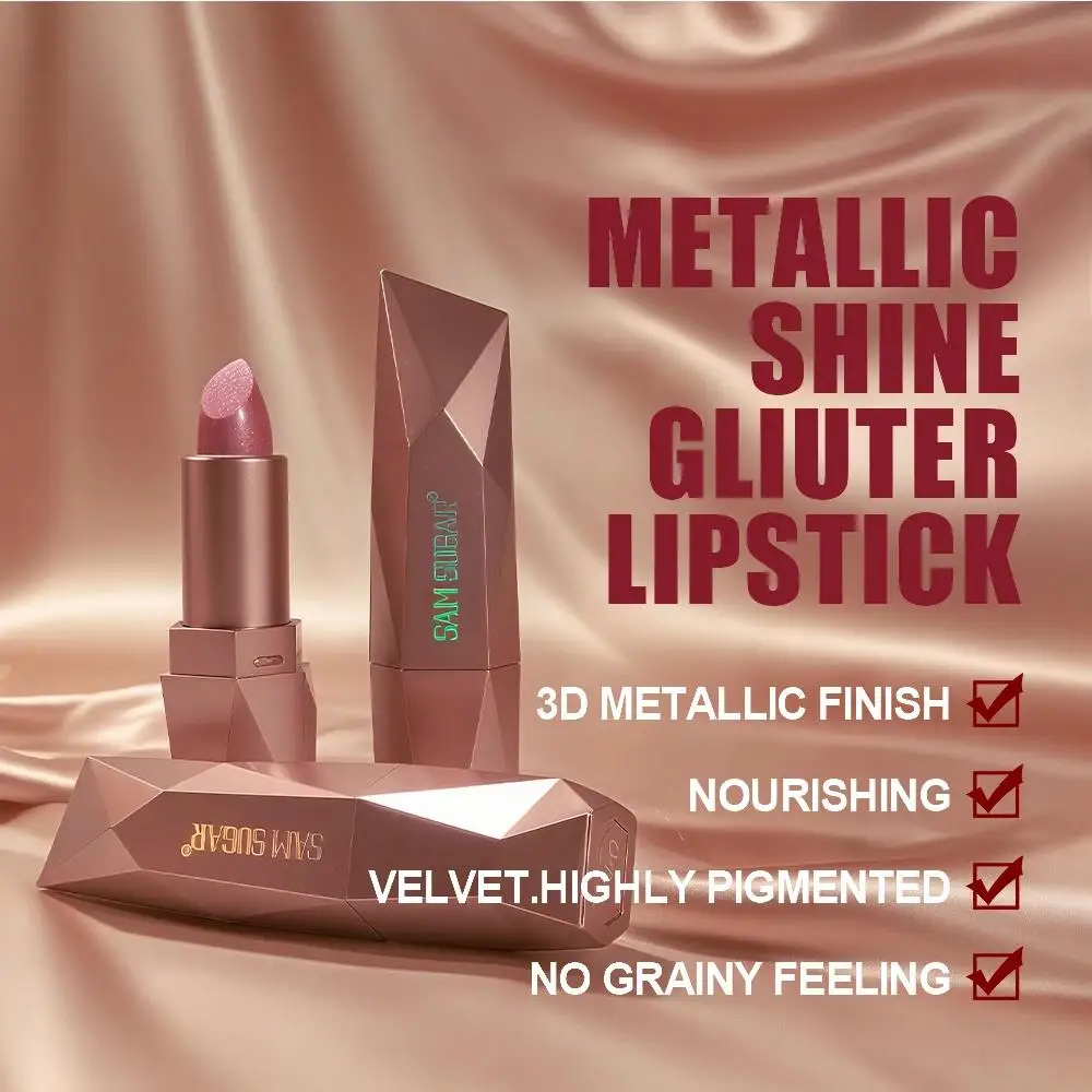 Diamond Glitter Lipstick Long Lasting Waterproof Moisturizing Highly Pigmented Metallic Shine Pearlescent Non Stick Cup Lipstick