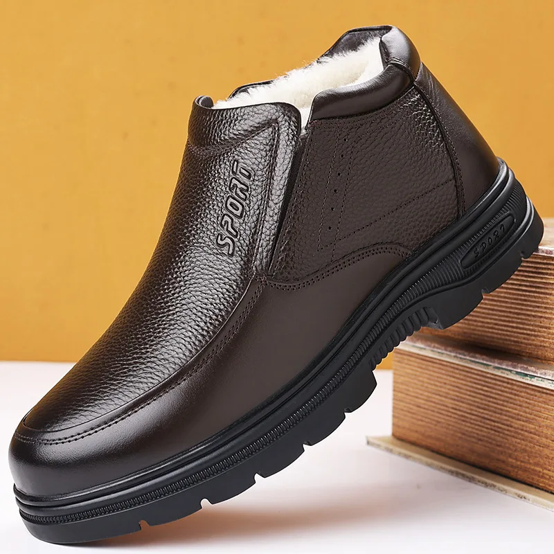 Top Quality Winter High Top Fur Shoes Genuine Leather Boots 2026 Casual Slip on Business Warm Thick Plush Ankle Boots Father