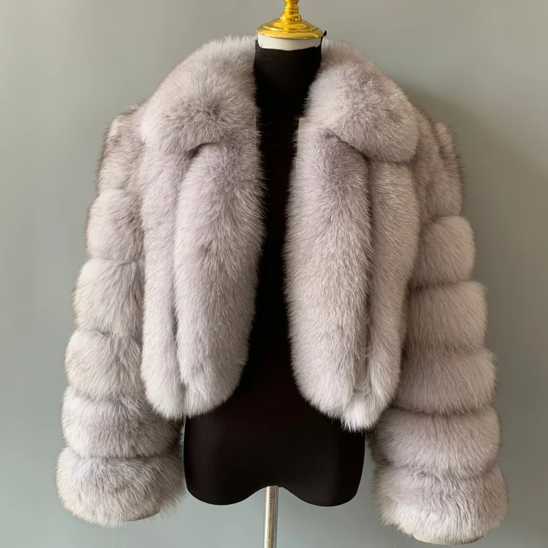 HUAQIUMEISI Echt vossenbont jas dames winter elegant verticale streep met kraag korte stijl 100% natuurlijk vossenbont jas - afbeelding 1