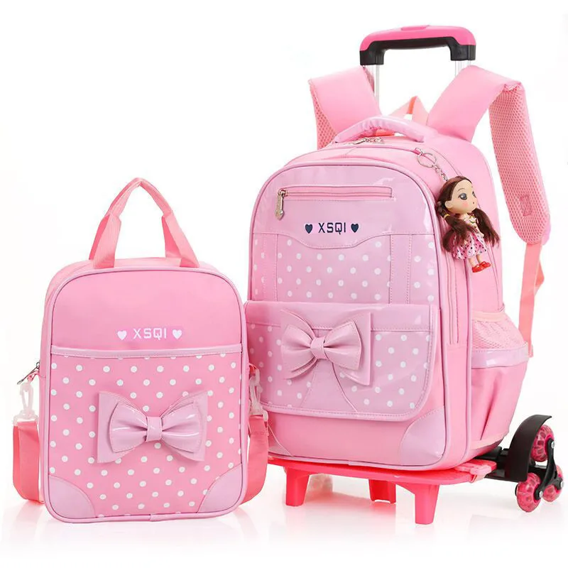 

2pecs/set Dot Children's Wheel Backpack for Girls High quality waterproof fabric luggage school bag bow Rolling Backpacks book