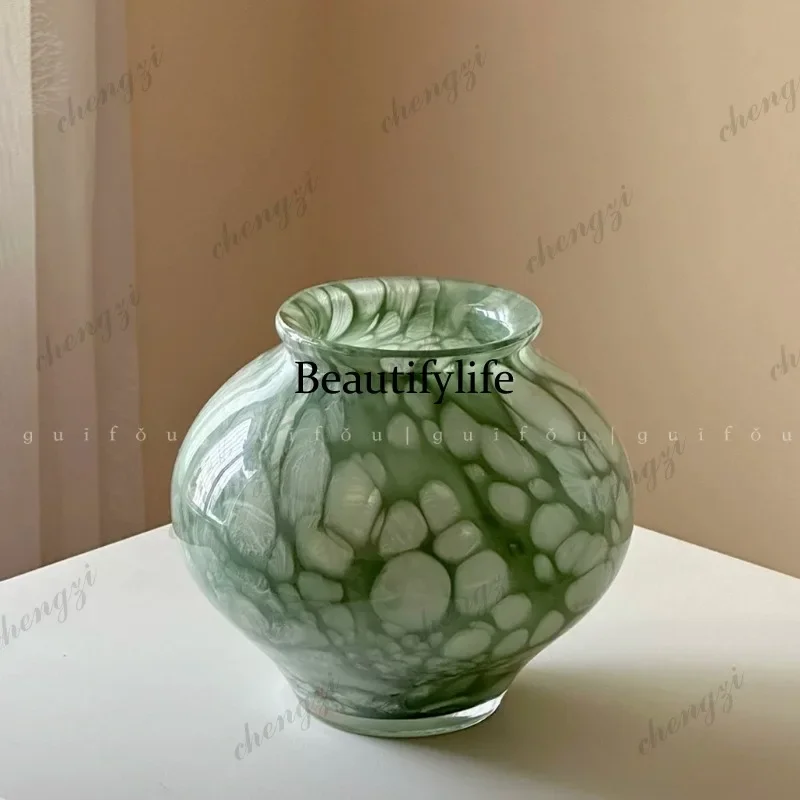 D80 glazed Song-style aesthetic vase, new home tea room design sense, niche green glass flower ware