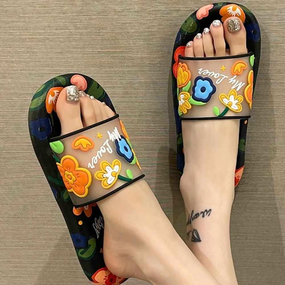 

Elegant Transparent Sweet Flower Slippers PVC Anti Slip Flats Slippers Women Beachwear Shoes Slides Sandals Summer