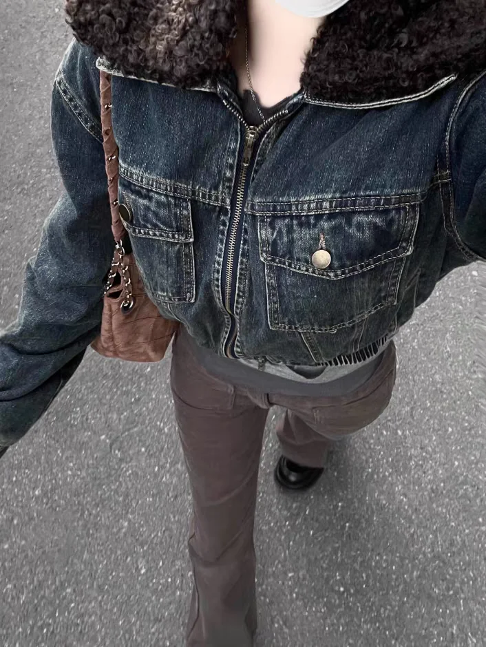 Casacos jeans para mulher longa pele de pelúcia das mulheres outono solto-ajuste doce menina academia sala de aula respirável casacos jaquetas ajustáveis