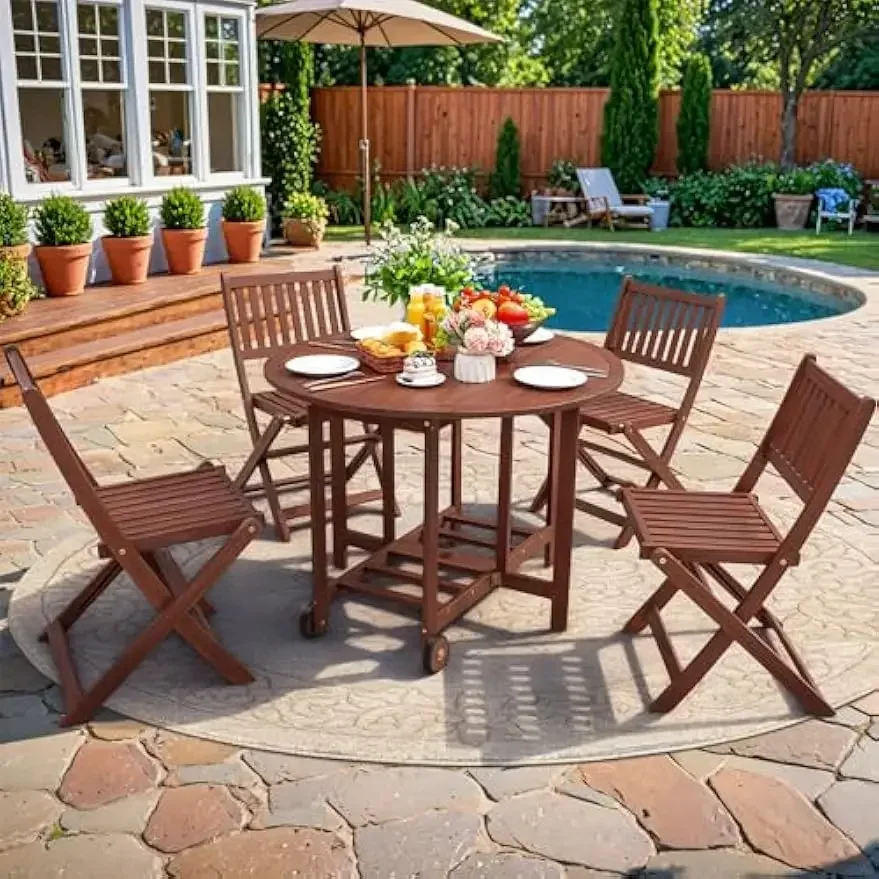 

5 Piece Patio Dining Set Outdoor Acacia Wood Furniture All-Weather Folding Round Table and Chairs for Backyard,Balcony,Porch