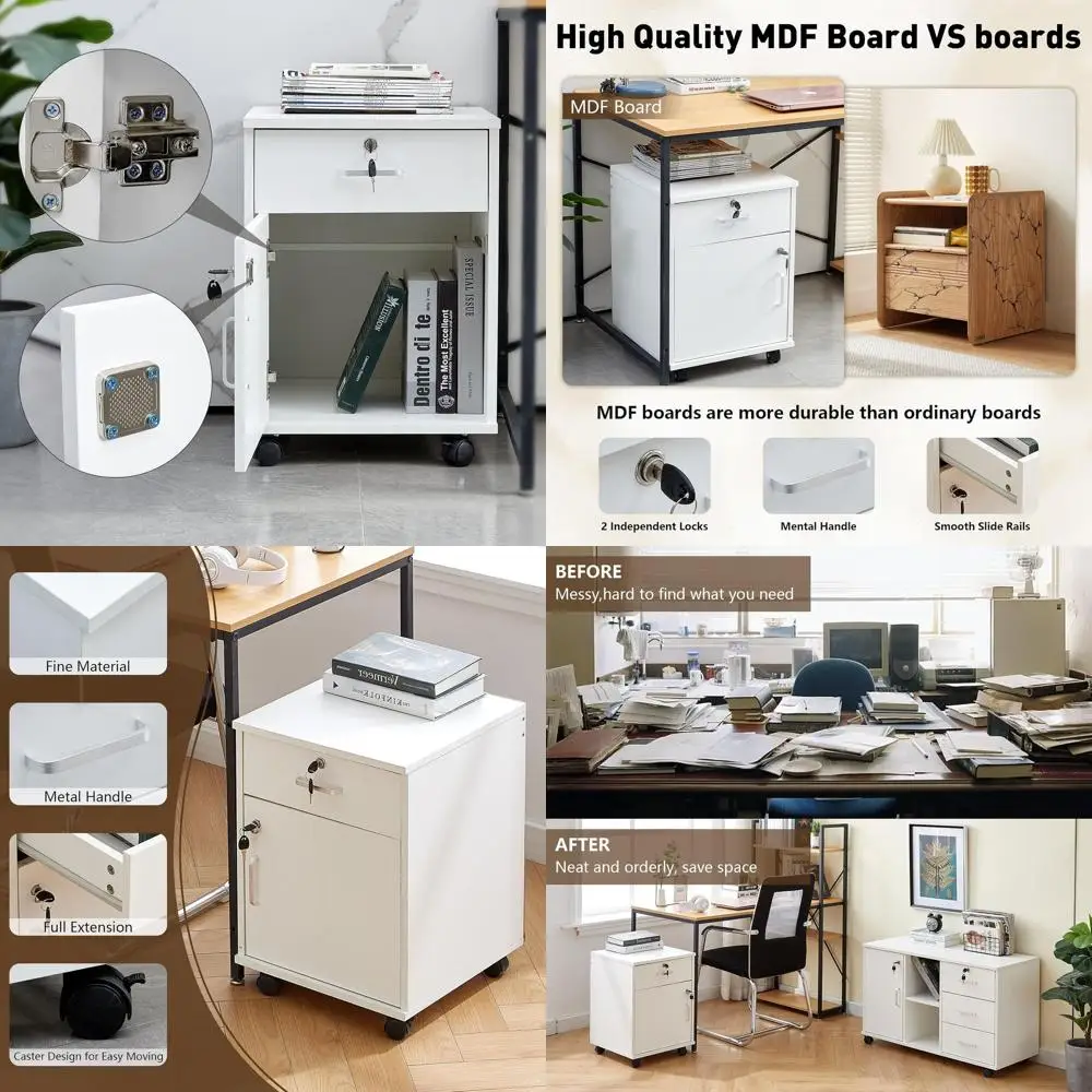 

Secure Wooden File Cabinet on Wheels for Home Office, White