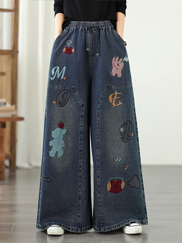 

Retro Heavy Embroidery Soft Denim Pants Women's Autumn Loose Waist Casual Wide Leg Jeans plus Size Comfortable Cotton Blend