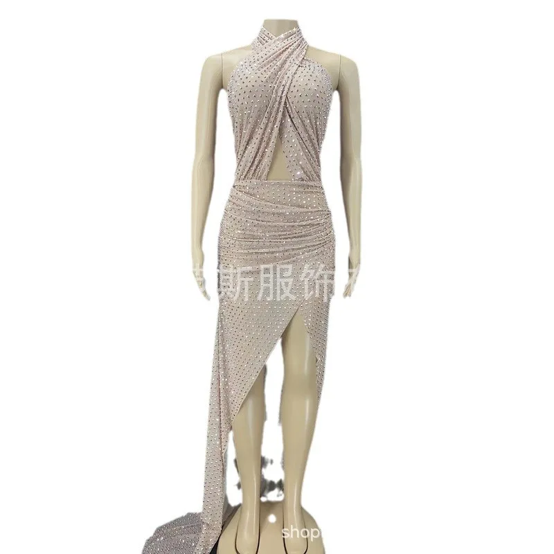 

Women's Crystal Halter Sleeveless Long Cocktail & Evening Dress High Forked, Sexy For Summer Robe De Soiree Elegante Pour Femme