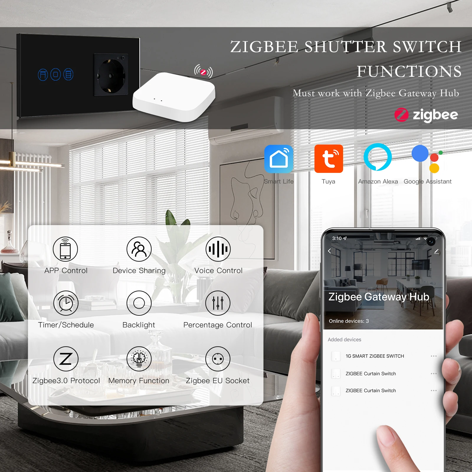 BSEED Tuya Zigbee Shutter Touch Switch For Electric Motor Roller Shutter Plus Zigbee Smart Socket Google Home Alexa App Control