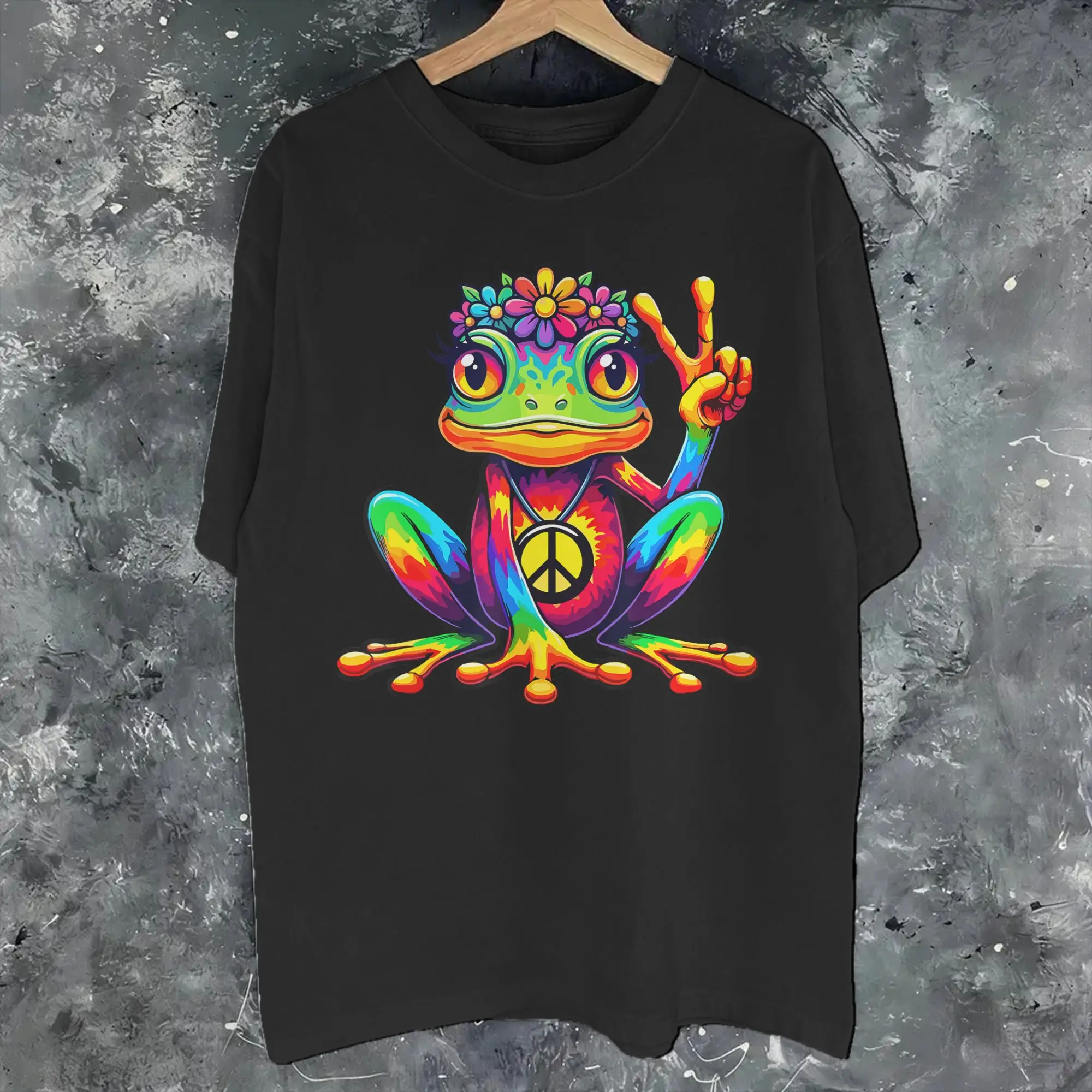 Mens Womens Tie-Dye Hippie Frog - Peace Sign  T Shirt Pure Cotton Printed T-Shirt  Clothing Outfits