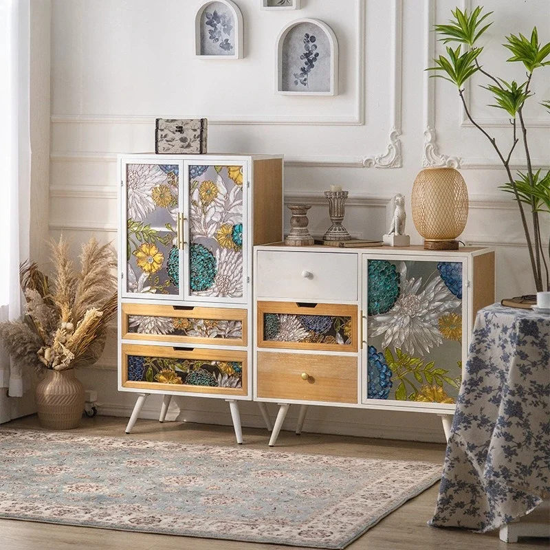 American hand-painted enamel sideboard, pantry combination storage cabinet, dust-proof glass, light luxury chest of drawers