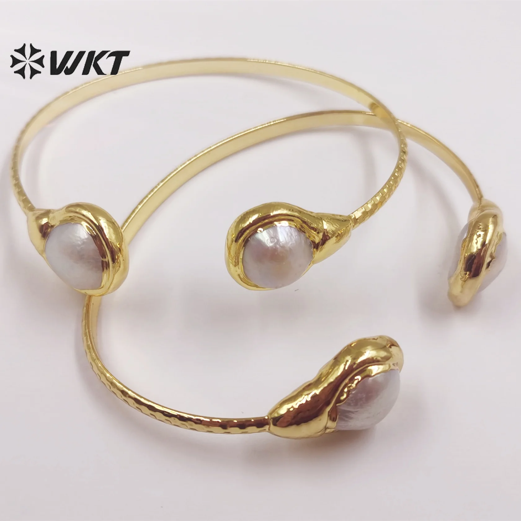 WT-MPB054 WKT Good New Natural Pearl Bracelet Gold Plated Baroque Opening Large C Thin Edge Bracelet Women Jewelry Gift