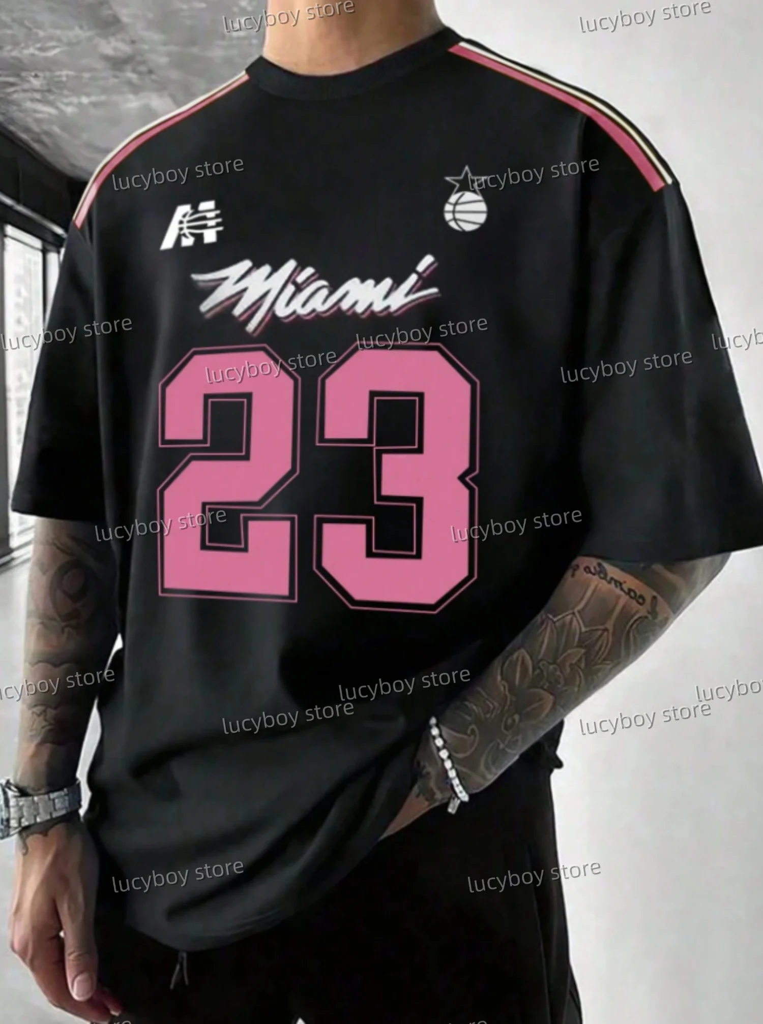 

2025 New No.23 MIAMI Print Men Lightweight T-Shirt Man Short Sleeves Sport PLUS SIZE T-Shirt Vintage Stripe Tees Men Clothing