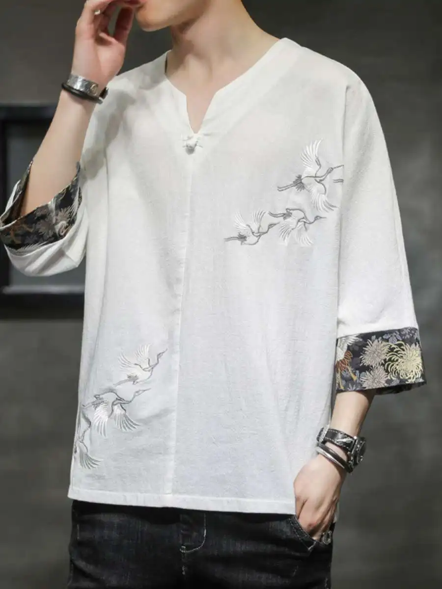 

Lin T-irt Men Summer Cotton Lin Embroidered ort Sve Chinese Sle Cotton Lin f Sve irt Youth Ethnic Clothing