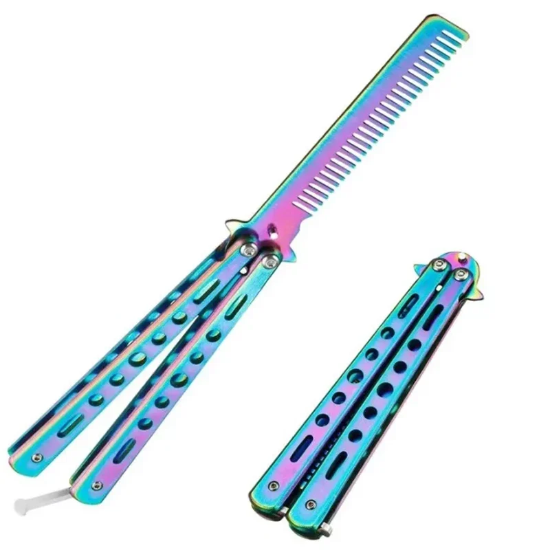 Peine de Acero Inoxidable Tipo Mariposa Plegable (1 Unidad) para Peinar Barba y Bigote, Herramienta de Peluquería y Estilismo