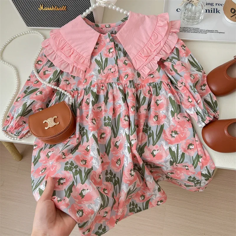 Autumn Petal Collar Fragmented Flower Dress Sweet Long Sleeve Dress Sweet Dress Child Star Round Girls' Clothing