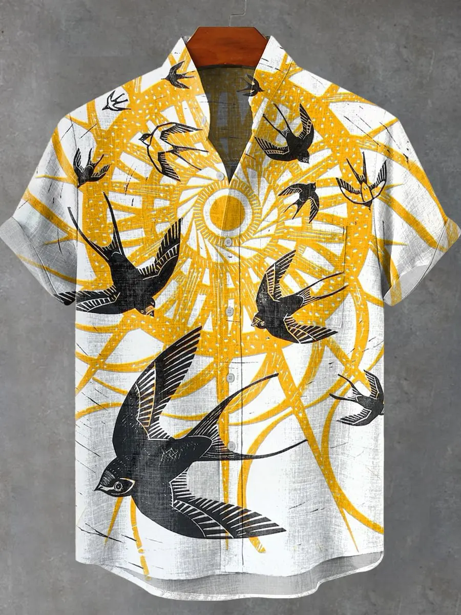 Men's Short Sleeve Shirt Vintage High Quality Linen Fabric Fish Pattern China Fashion Men's Button Top